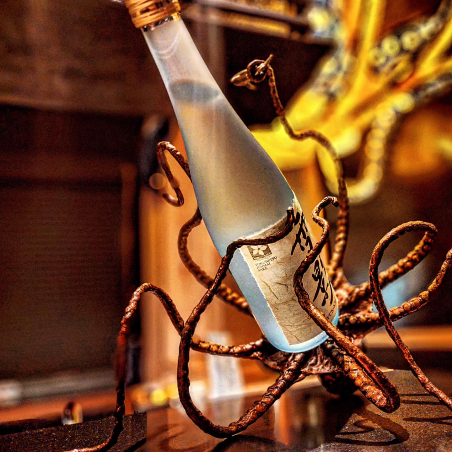 Copper Octopus with bronze shark bottle holder