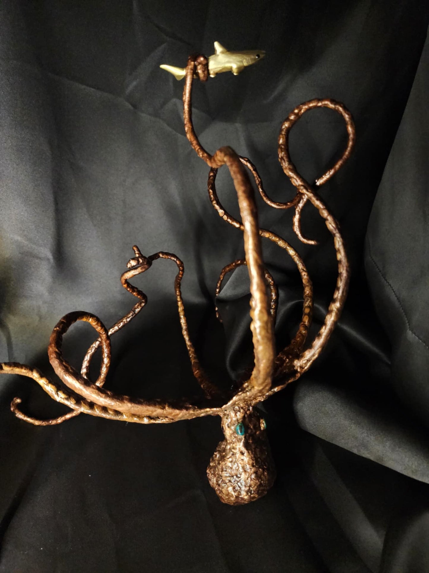 Copper Octopus with bronze shark bottle holder